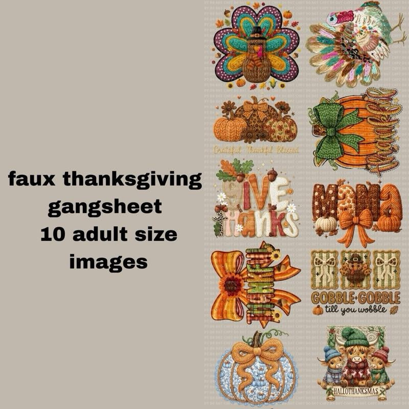 Faux yarn thanksgiving gangsheet 11 adult size DTF transfer