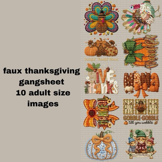 Faux yarn thanksgiving gangsheet 11 adult size DTF transfer