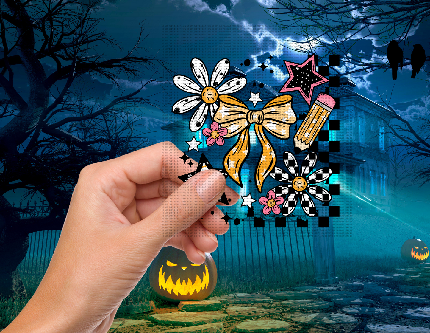 Checkered daisys & school bow 4” decal