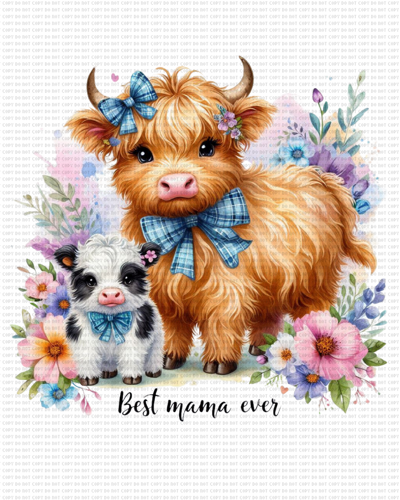 Highland cow blue bow best mom ever DTF transfer