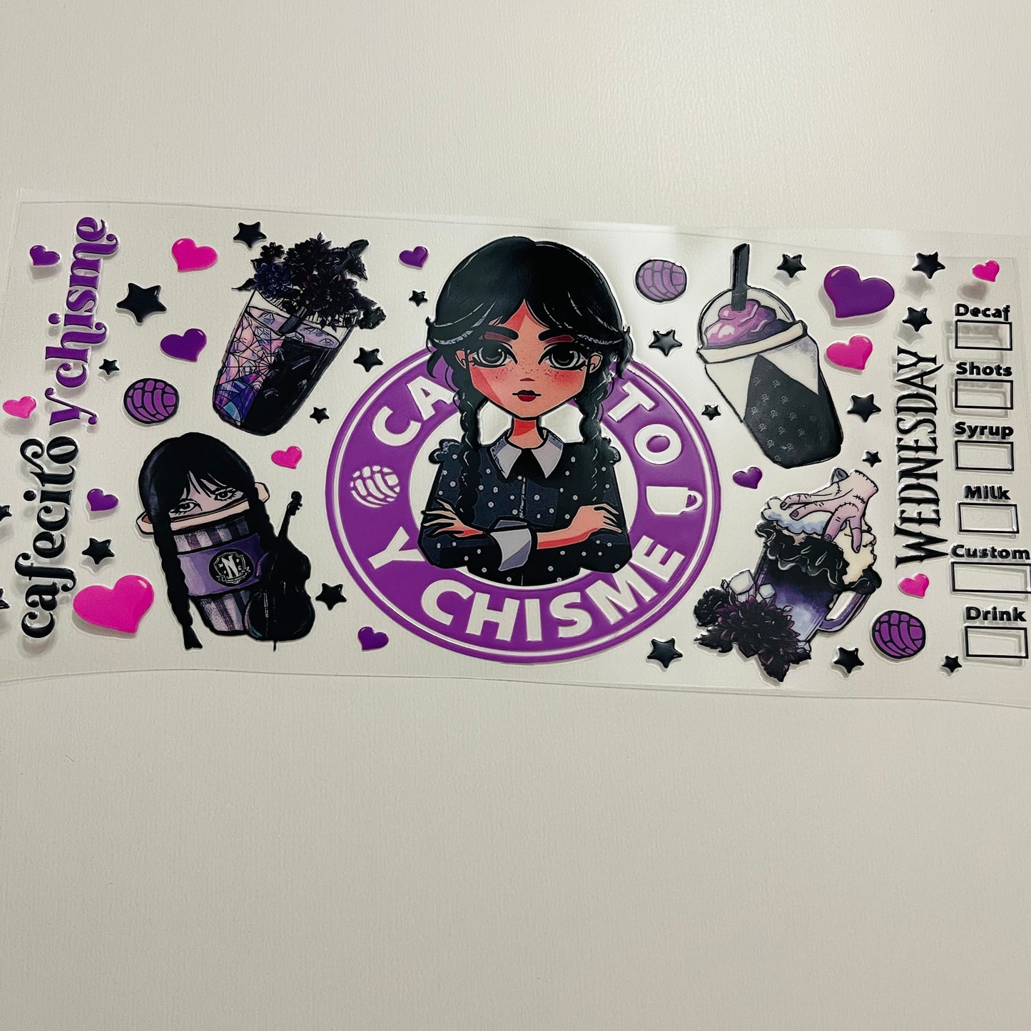 #46 purple cafecito y chisme Wednesday uvdtf cup wrap
