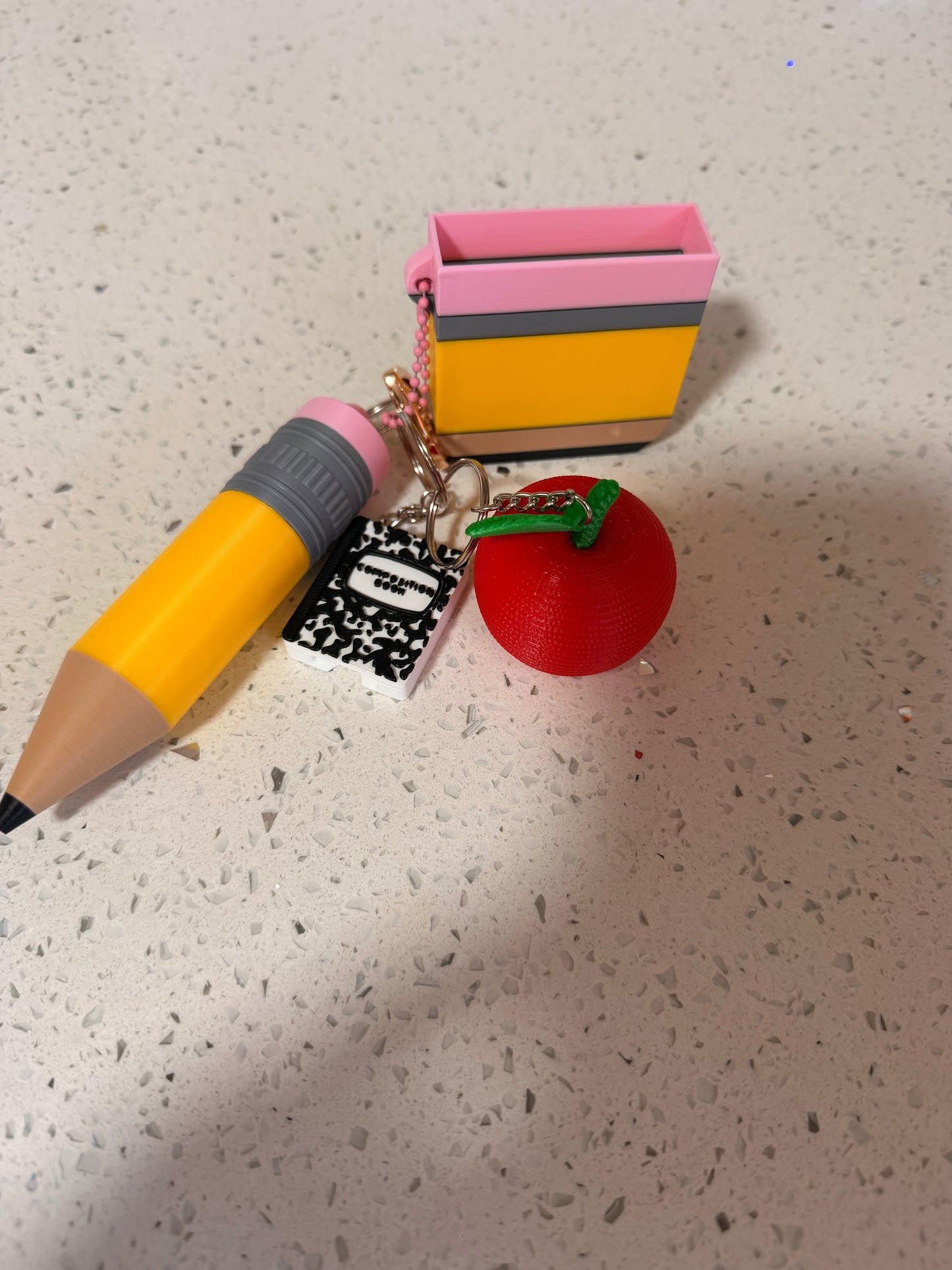 Teacher keychain set( handsanatizer case, pencil lip balm case, composition book can opener, Crocket apple keychain)