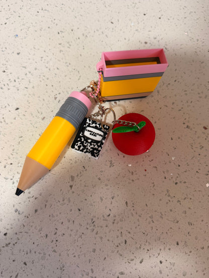 Teacher keychain set( handsanatizer case, pencil lip balm case, composition book can opener, Crocket apple keychain)