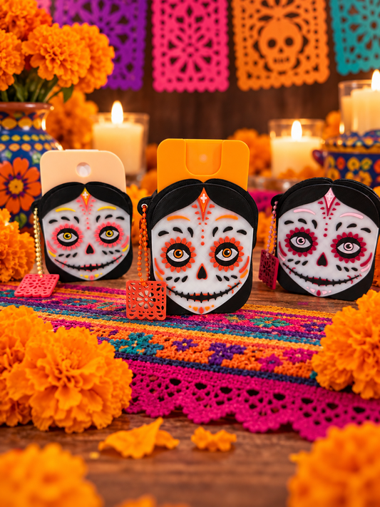 Catrina keychain handsanatizer holder w/ papel picado charm